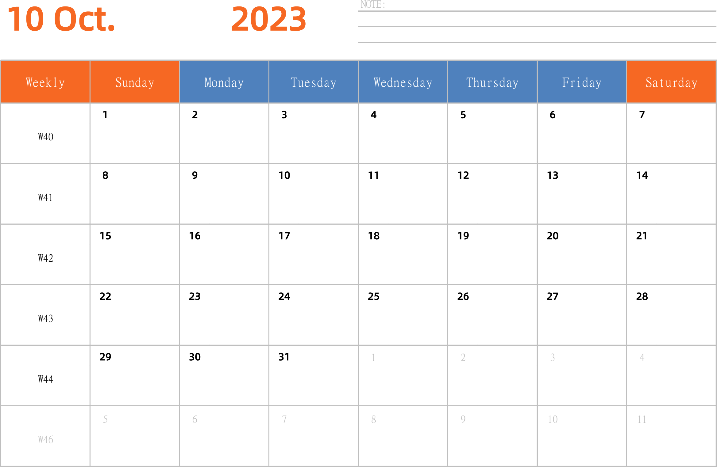 日历表2023年日历 英文版 横向排版 周日开始 带周数